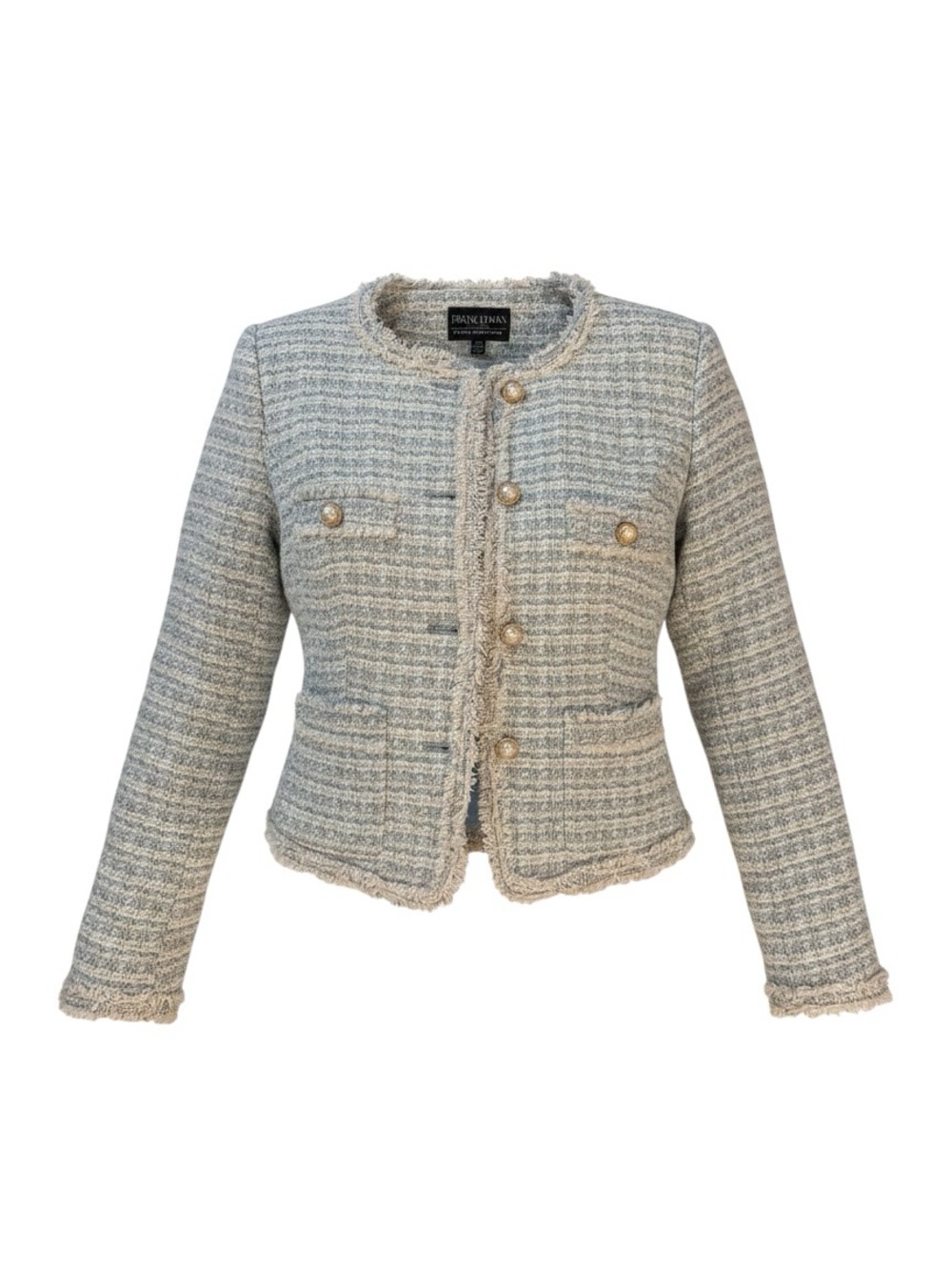 Frank Lyman Montreal Blue Tweed White Pearl Button Fringe Jacket - Women's